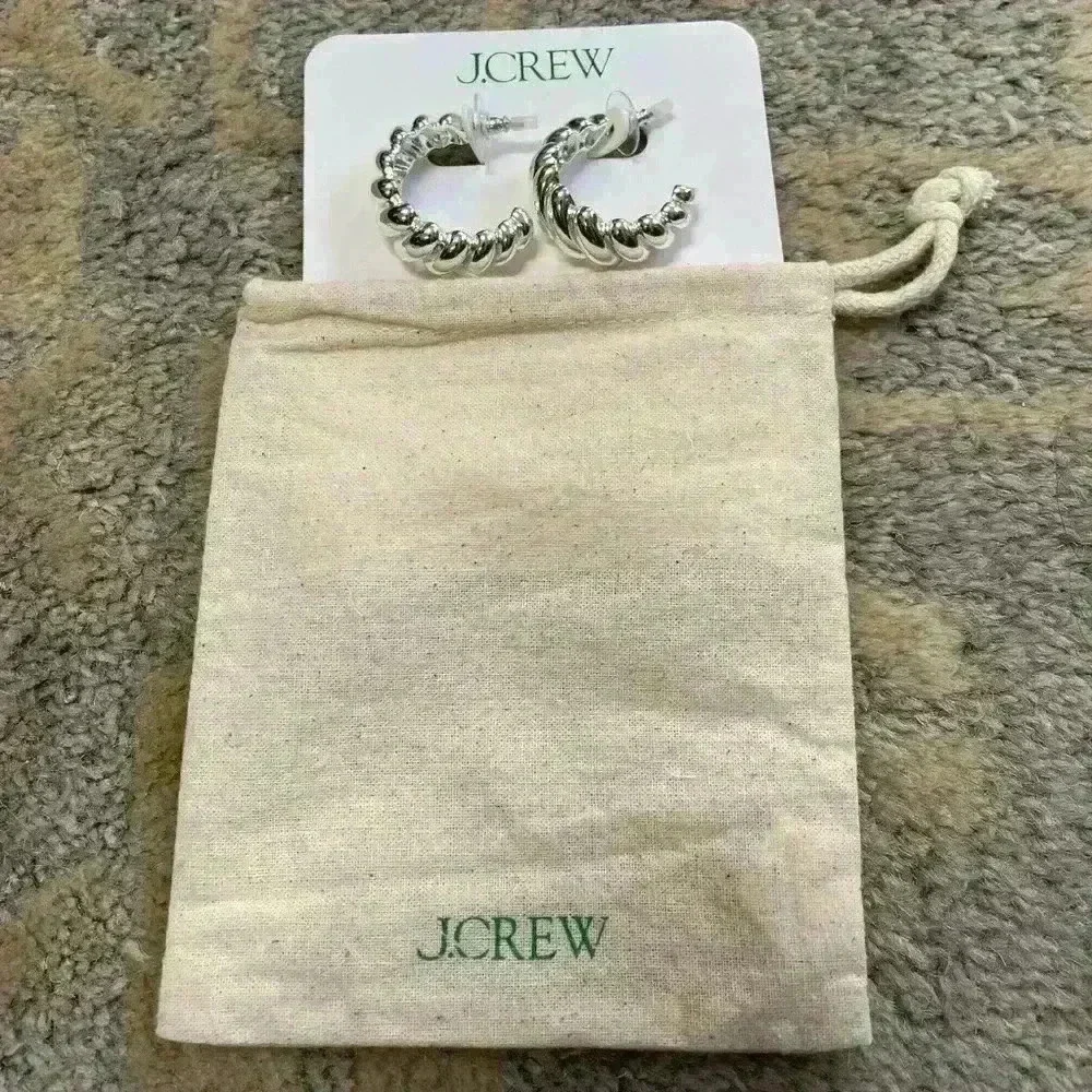 New J Crew Spiral Hoop Silver Earrings  With Gift Bag